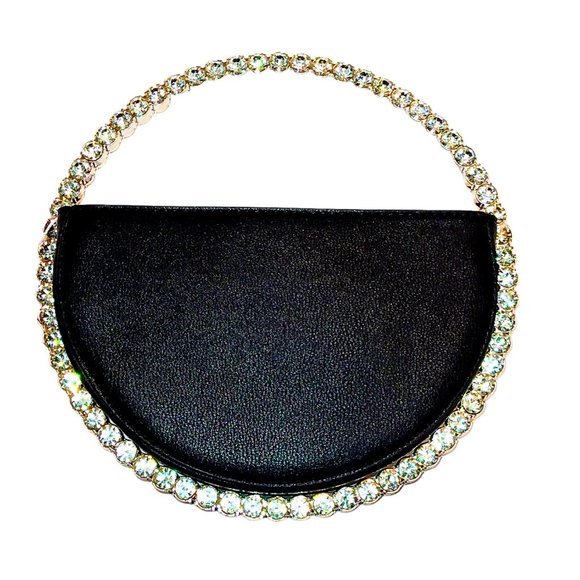 MMS Design Studio Handbags - BLACK LEATHER FORMAL EVENING BAG W/ SILVER RHINESTONE CRYSTAL CLUTCH HANDLE